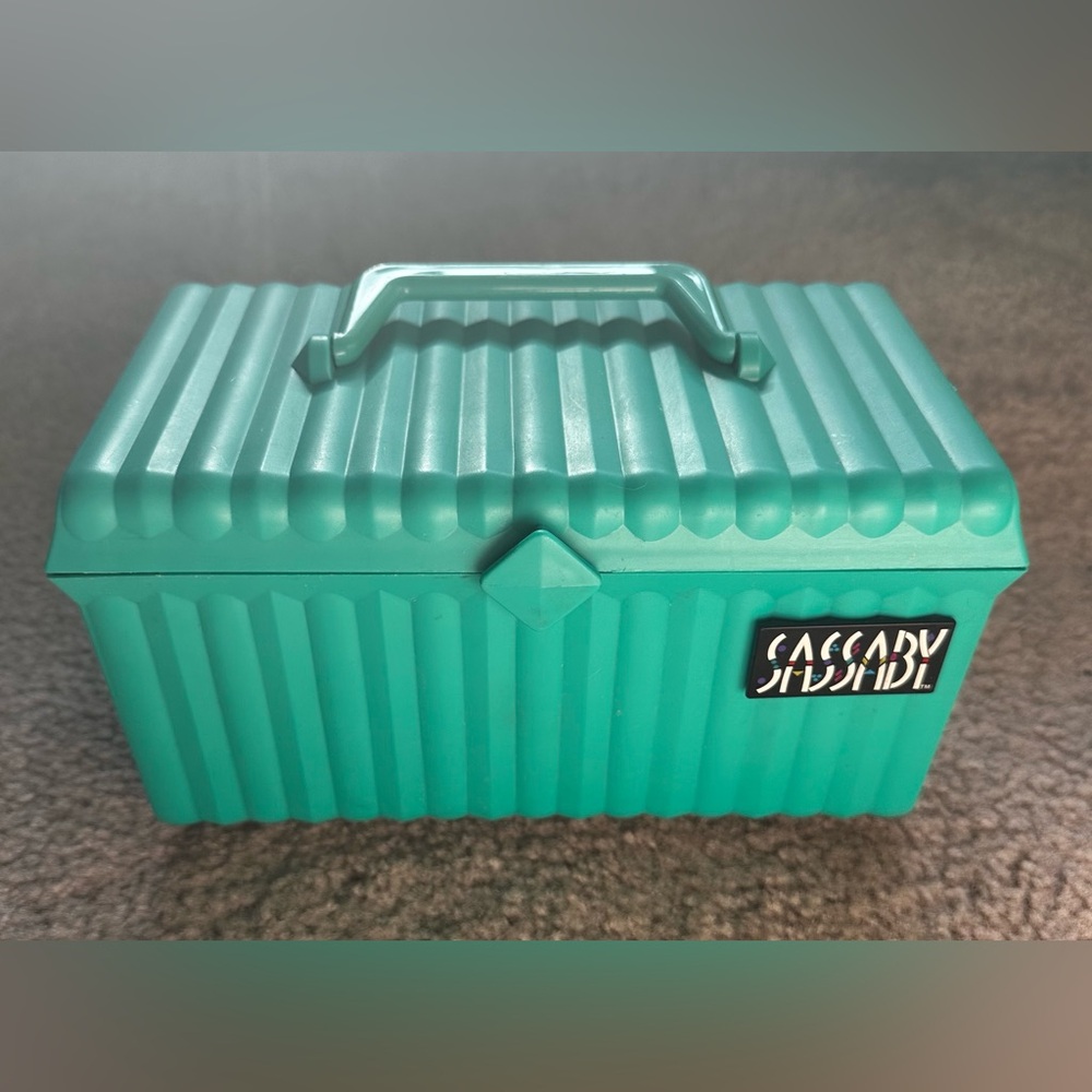 Vintage Sassaby Green Makeup Storage Case Jewelry Box Organizer #107 Tray Mirror